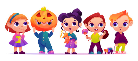 Set of preschoolers children characters. A girls and boys of primary school age in different poses with a books and with toys in his hands. Funny cartoon characters. Vector illustration.