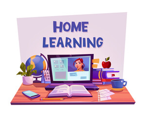 Online education concept. Laptop with open text document next to stacked books, globe, open book, writing paper. Video conference via laptop. lettering "home learning".Vector illustration. Cartoon.