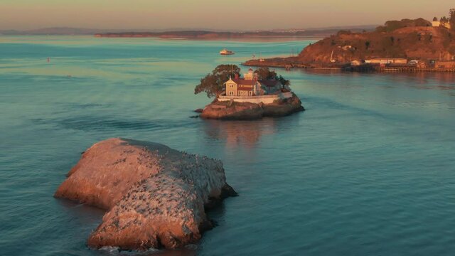 Aerial: The Brothers Lighthouse in the San Francisco Bay, Oakland, California, USA