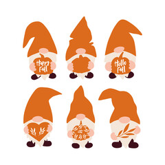 Vector autumn illustration with fall cute gnome, pumpkin, leaf on white background. Harvest season. Thanksgiving holiday. Fall festival concept for poster, card, web banner, advertising.