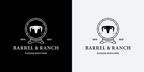 vintage barrel ranch logo design with longhorn buffalo, cow logo .