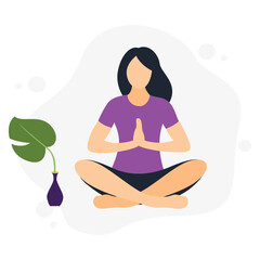 Woman mediating in nature. Flat design concept.