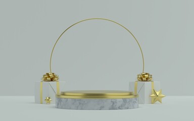 Christmas white product stage with gold accent and gift boxes. 3d illustration