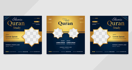 Set of social media post templates on luxury dark blue and gold background. Perfect for Islamic webinars, Quran studies, Muslim education, Religious events and other online seminars