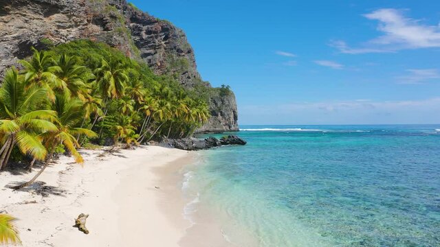 Beach Fronton Samana Dominican Republic landscape. Hot summer on the palm beach background. The white sand on the Caribbean Sea beach landscape.