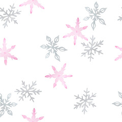 Watercolor seamless pattern with pink gray pastel snowflakes isolated on white background. Christmas winter new year print for wrapping paper textile. North northern design.