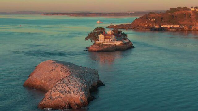 Aerial: The Brothers Lighthouse in the San Francisco Bay, Oakland, California, USA
