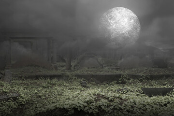 Tombstones on the graveyard with full moon background