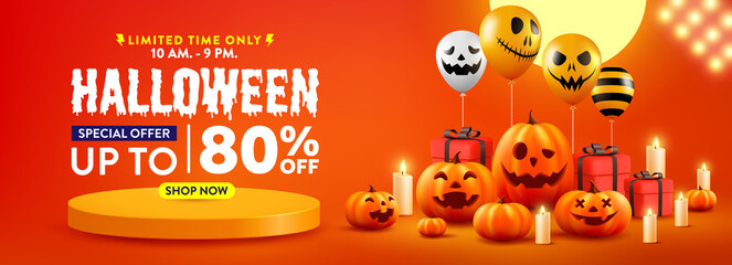 Halloween Sale Promotion Poster or banner with Halloween Pumpkin and Ghost Balloons.Scary air balloons with Product podium scene.Website spooky,Background or banner Halloween template.