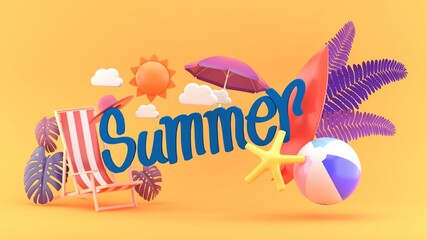 Summer sale banner with 3d beach elements on the blue background.-3d rendering.