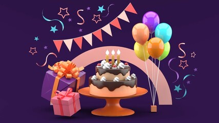 Birthday cake with candles in party.Surrounded by.gift box and colorful balloon on purple background.-3d rendering.