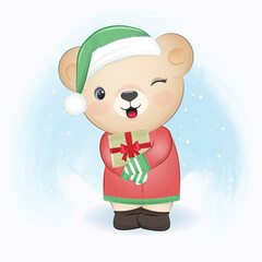 Cute little bear and gift box. Christmas season illustration.