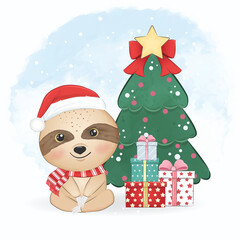 Cute little Sloth and Christmas tree. Christmas season illustration.