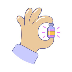 Hand holding medicine bottle doing ok sign gesture. Glass vial medical equipment, bottle of vaccine, scientific research concept cartoon vector illustration isolated on white background