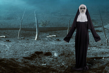 Scary devil nun standing