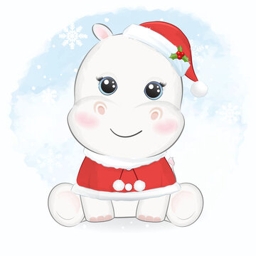 Cute little Hippo Christmas season illustration.