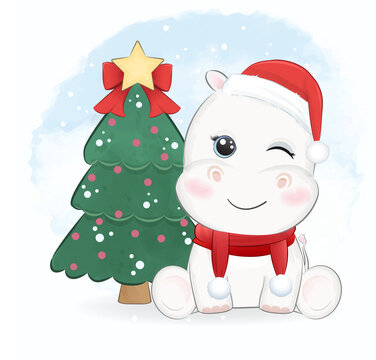 Cute little Hippo and Christmas tree. Christmas season illustration.