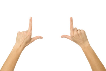 Hands framing. Woman hand gesturing isolated on white