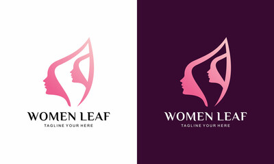 beauty women with leaf logo design vector template on a white and dark red background.
