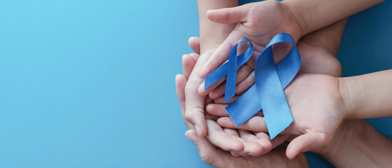 Light blue ribbons with mustache on blue background , Prostate Cancer Awareness, Movember Men...