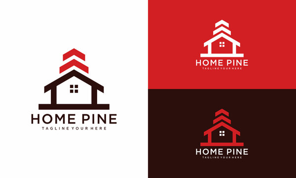 Pine tree house logo design. Real estate logo inspiration with nature concept. on a white and dark red background.