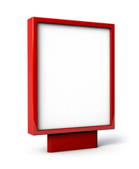 Red signboard with blank white sign mock up isolated on white. 3D illustration.