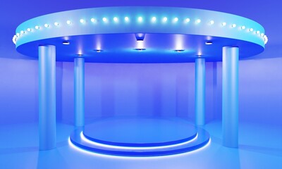 blue podium in the blue studio room.3d rendering