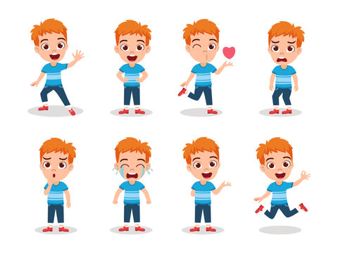 Cute beautiful kid boy character doing different actions waving posing with different facial expression and emotions angry cry happy cheerful isolated