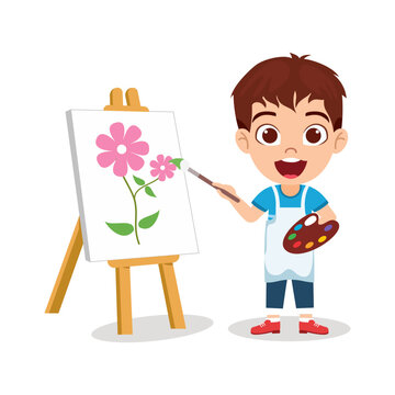 Happy cute beautiful kid boy character wearing painter outfit standing with paint color and paint brush and paint board and drawing flower 