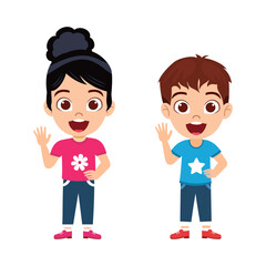Happy cute beautiful kid boy and girl student character wearing beautiful outfit standing and posing waving isolated