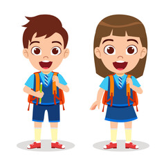 Happy cute beautiful kid boy and girl student character wearing uniform standing and posing holding pencil ready to go school