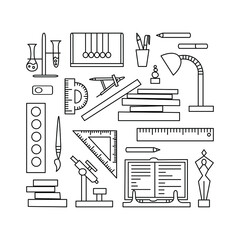 Fototapeta premium Hand drawn equipments for students, pupils. School, college. 