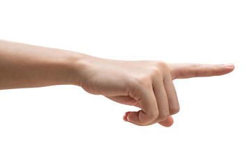 Woman hand touching or pointing to something isolated on white background.