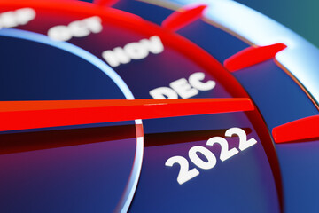 3D illustration close up black speedometer with cutoffs 2021,2022 and calendar months. The concept...