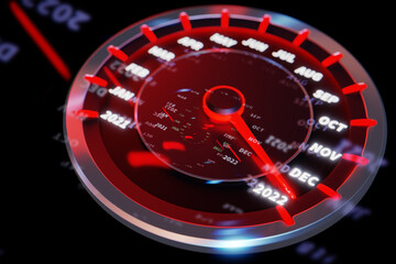 3D illustration Close up Instrument automobile panel with speedometer, tachometer, which says Merry...