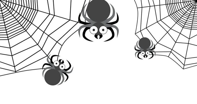 Spider webs in corners of monochrome graphic video. Two spiders on webs. One arachnid creature on left. Another arthropod on right. Huge scary spider descends down thread in center. Motion animation