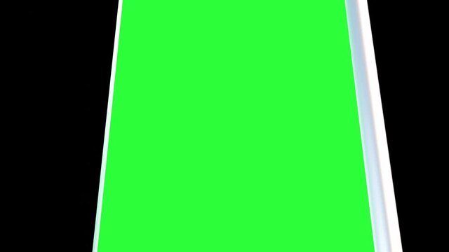 Modern smartphone with green screen on black isolated background . 3d illustration rendering . 4k resolution video . for business , advertisement, market and etc . Computer generated image .