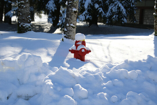 A red fire hydrant partially buried in snow