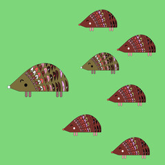 Cute animals hedgehog happy family, with father and children, sons and one daughter on green isolated background, vector illustration.