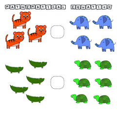Developing activities for children, compare which more  turtles, elephants, tigers, crocodiles. Logic game for children, mathematical inequalities.