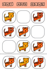 Sudoku for kids with funny forest animals tigers. Children's puzzles. Preschool worksheet, kids activity sheet, printable worksheet