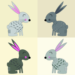 Set of vector brown  cute  rabbits on  beige isolated background. Animal set.