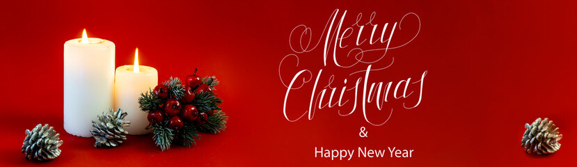 Obraz na płótnie Canvas Happy New Year and Merry Christmas! card, banner, flat lay, with text - Merry Christmas, on a red background