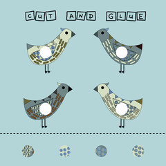 Developing an activity for children, the task is to cut and glue a piece on colorful cute bird. Logic game for children.