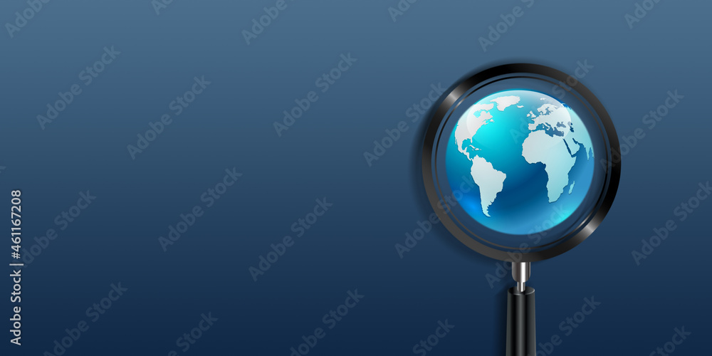 Poster technological concept, magnifying glass with globe on blue background and copy space, 3d rendering
