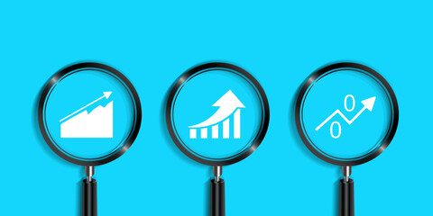 Business Analysis symbol with magnifying glass icon and business chart on blue background, Auditing tax, financial market analysis, seo, financial report, 3D rendering