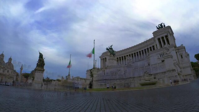 Rome, Italy August, 8th, 2021. Time lapse of the Vittorio Emanuele monument (Tomb of unknown soldier) in the city of Rome in Italy.
