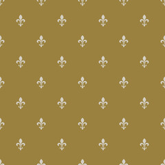 Seamless pattern with heraldic fleur de lis symbol. Small white silhouettes on gold background. © Olena