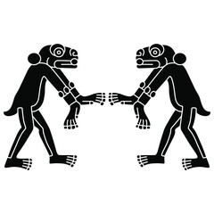 Symmetrical design with two fantastic animals. Native American design of Aztec Indians from Mexican codex. Jaguar or monkey. Black and white negative silhouette. © Olena