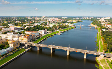 Cityscape of Tver, Russia. Bridge across Volga and observation wheel Tver Regional Picture Gallery seen from above.
